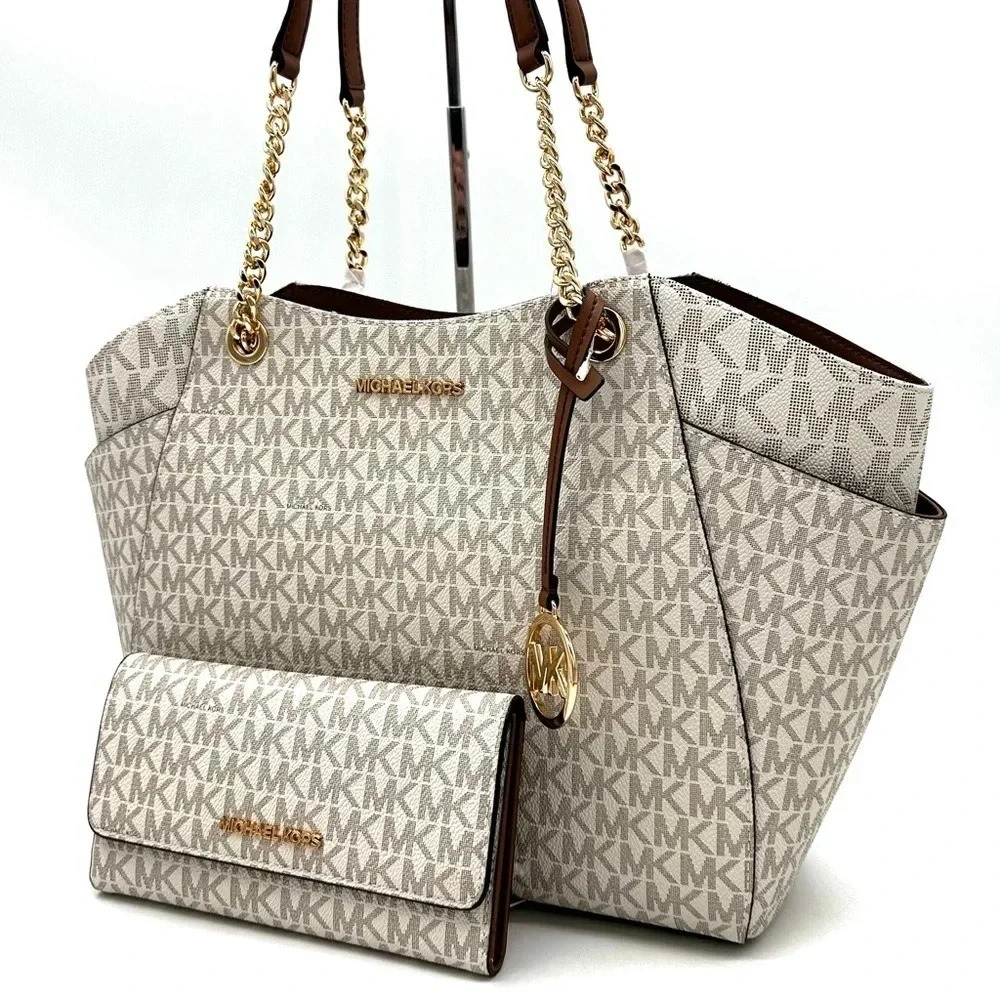 Michael Kors Large Jet Set Travel Chain Shoulder Bag & Trifold Wallet Vanilla